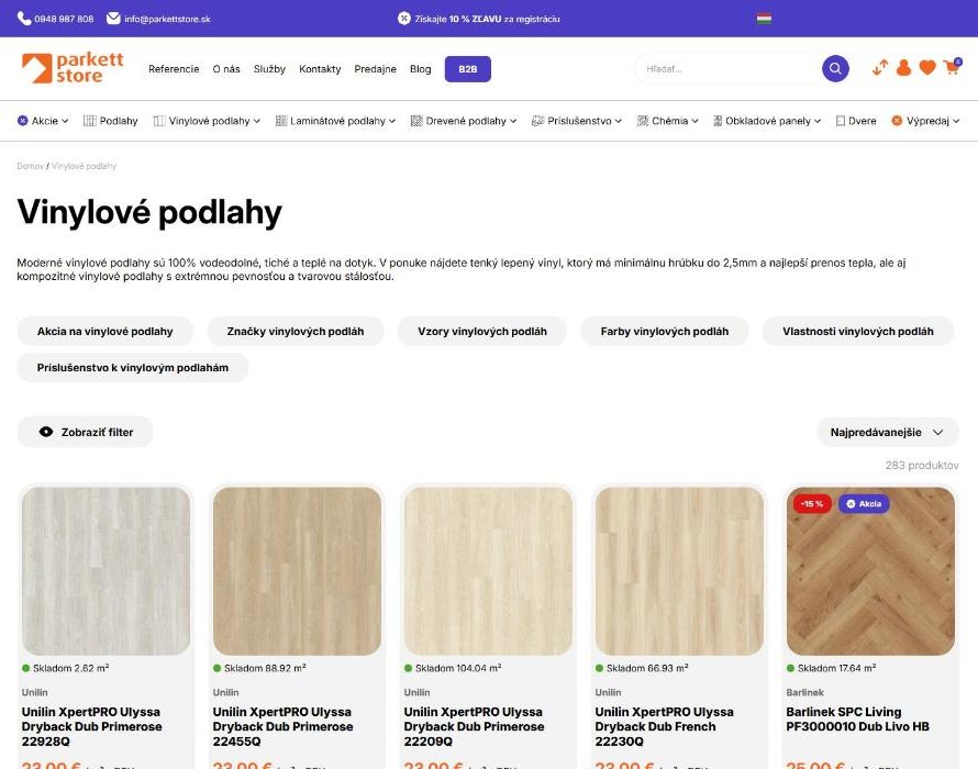 Kategória vinylových podláh so skladovými zásobami v m² na e-shope Parkett Store