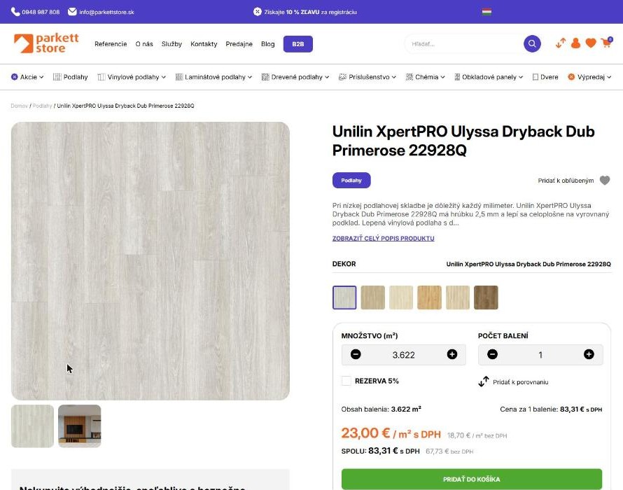 Detail produktu s výpočtom m² a balení na e-shope Parkett Store